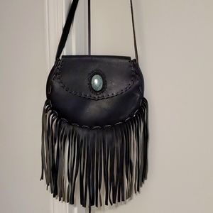 Black leather fringe purse with green/blue stone